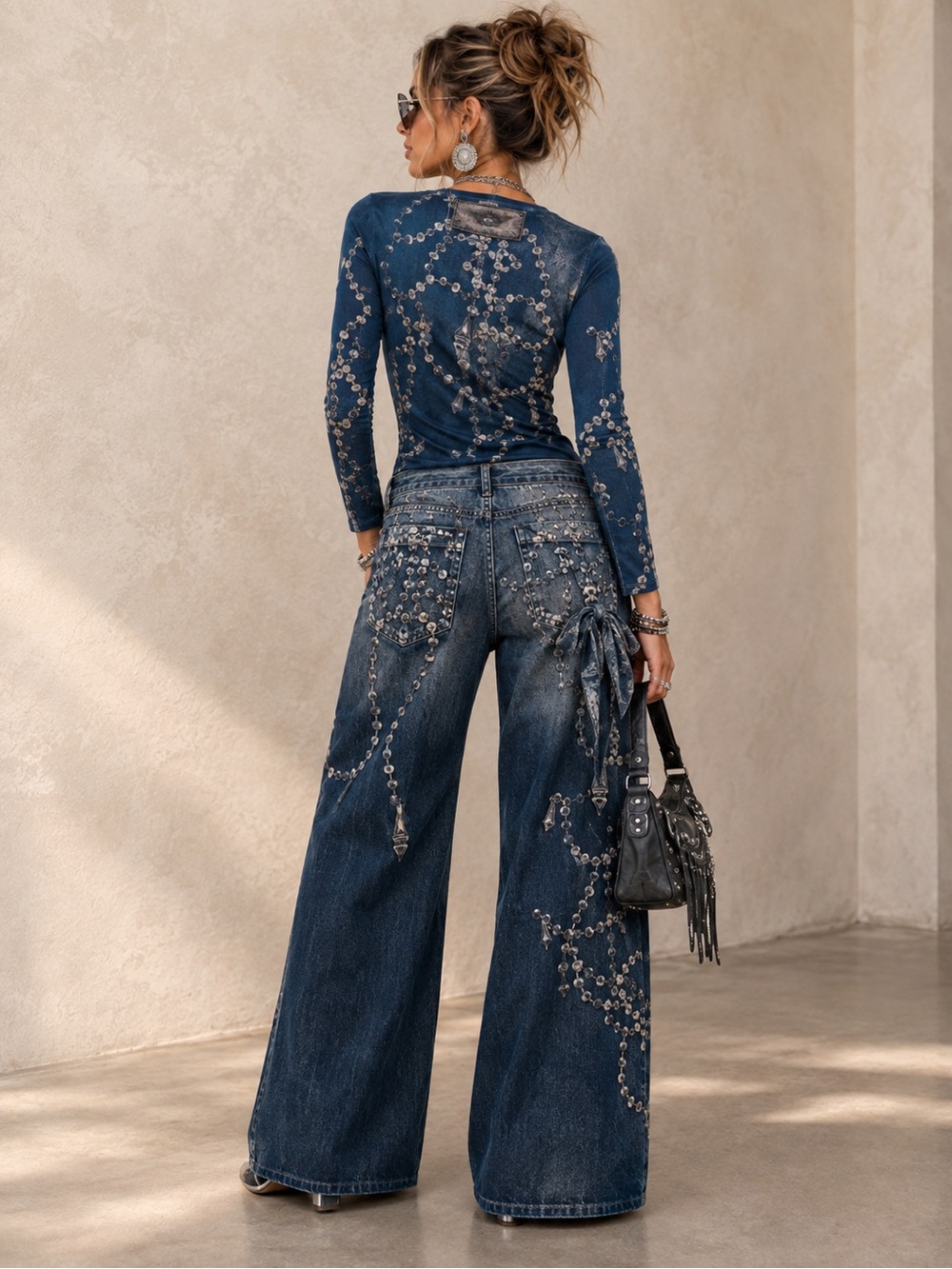 Printed Mesh Top &  Wide-Leg Denim Pants Set - Picture 2 of 3